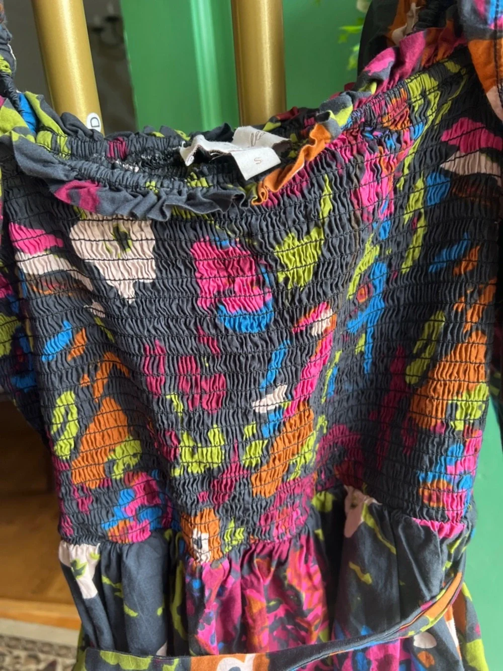 Cleobella Black Multi Floral Smocked Puff-Sleeve Mini Dress size small - Picture 3 of 9